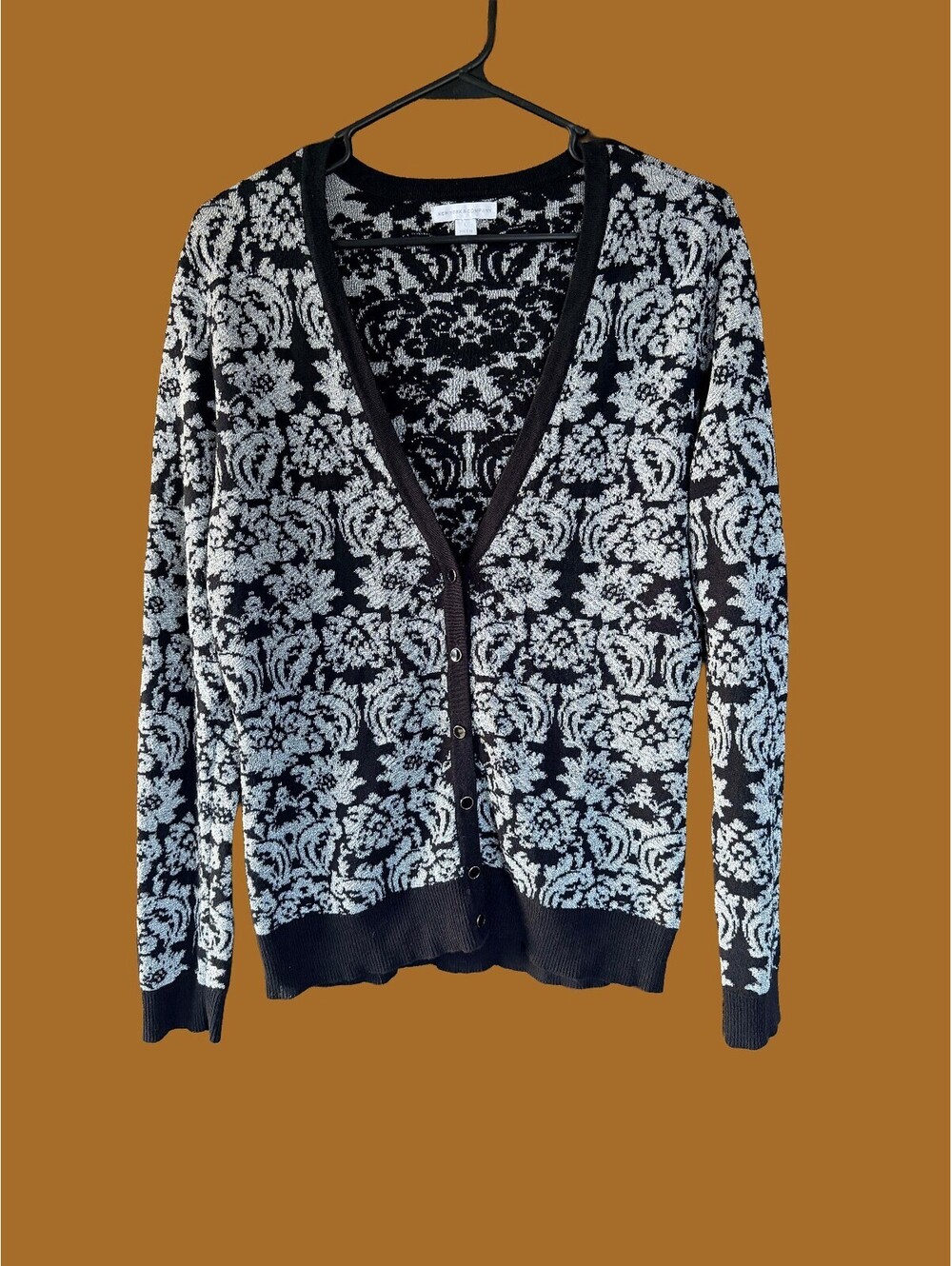 New York & Company Black Silver Damask Metallic Knit Cardigan Sweater Large